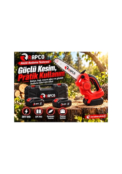 Algaride Rapc Bsdj-12 36v 4ah Çift Akülü Budama Testeresi Şarj Cihazlı Zincirli Dal Ve Odun Kesme Seti