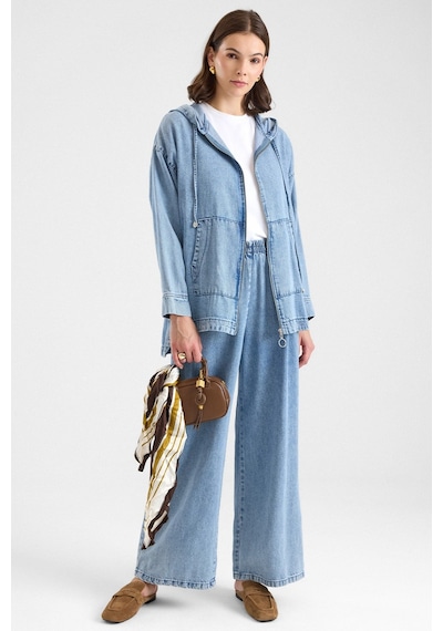 Olcay Fermuar Kapamalı Kapüşonlu Soft Denim Ceket Pantolon İkili Takım Açık Mavi 9402-tk
