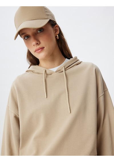 Koton Kapşonlu Sweatshirt Basic Uzun Kollu Üç İplik Pamuklu Bej 5wak10223ek Ekru