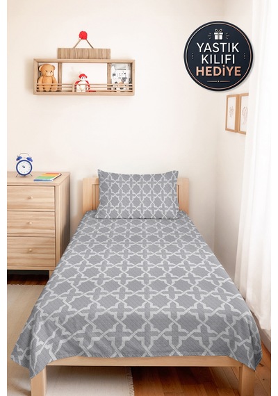 Gri Geometrik Tek Kişilik Dekoratif Pike Takımı - Beyaz İskandinav Motifli 160x220 Cm Yatak Örtüsü Kırçıllı Nehir Kabuğu