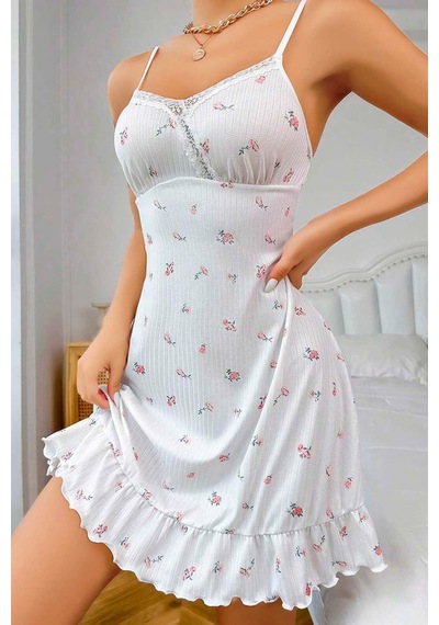 Fulla Moda Çiçek Desenli Yakası Dantelli Fırfırlı Gecelik Beyaz