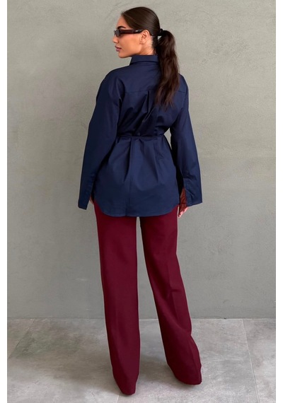Madmext Lacivert Belden Bağlamalı Oversize Cepli Gömlek Mg2798