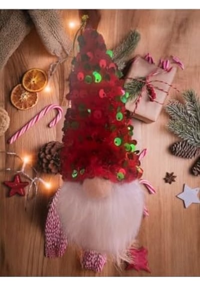 Gnome Şans Cücesi 15 Cm Kırmızı Yeşil Payetli Şapkalı Yılbaşı Süsü Dekorasyonu, Kırmızı
