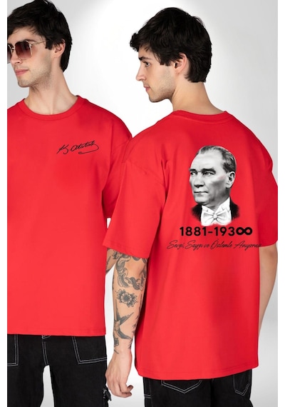 Atatürk 10 Kasım Anma Kırmızı Oversize Unisex Ön Ve Sırt Baskılı Tişört Kırmızı