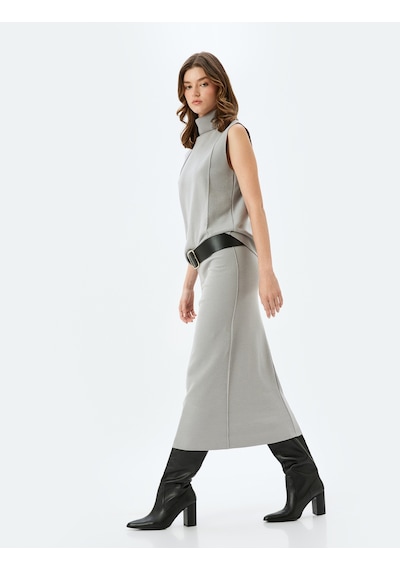Koton Standart Bel Slim Fit Fitilli Uzun Kalem Etek Gri 5wak10390ek Gri