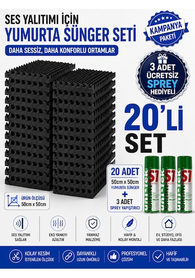Akustik Yumurta Sünger 60dns Yanmaz 50cmx50cm 25mm 20adet + 3 Sprey Yapıştırıcı F744e