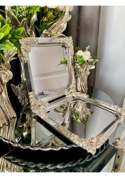 Atabey Home Collection 4 Adet Kahve & Çay & Sunum Tepsisi Metal Döküm Kare Gül Gümüş Model