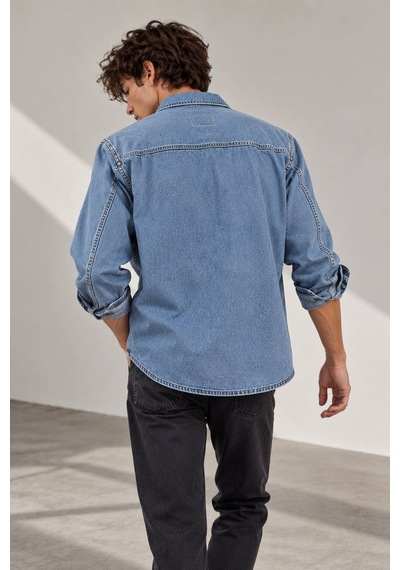 Little Cup Jeans Co Açık Mavi Premium Tok Kumaş Çift Cep 90lar Erkek Denim Kot Gömlek