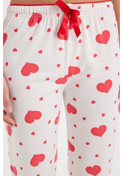 Tudors Kadın Regular Fit Klasik Kesim Viskon Beli Lastikli Fiyonk Detaylı Baskılı Beyaz Pijama Altı-51008