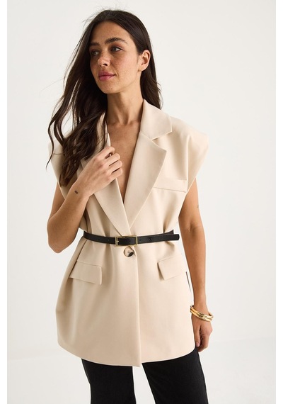 Shade Kadın Cep Detaylı Kemerli Vatkalı Oversize Astarlı Blazer Yelek 11143 60281003 - Bej