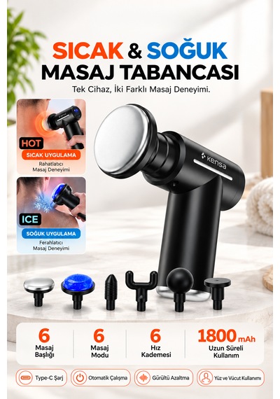Masaj Tabancası Sıcak & Soğuk 6 Kademeli 6 Başlıklı Şarjlı Masaj Seti Siyah