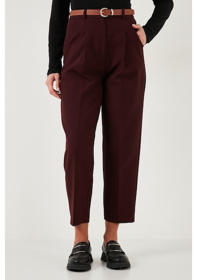 Lela Regular Fit Yüksek Bel Düz Paça Kemerli Bayan Pantolon 68350938 Mürdüm