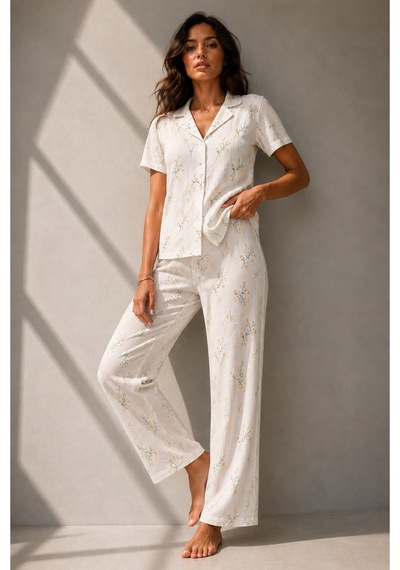 Kadın Klasik Doğal Düğme Gece Çok Renkli Pijama Takımı