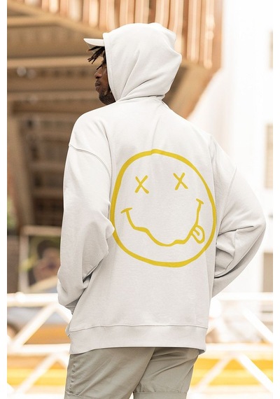 Sevbano Nirvana Yazılı Unisex Oversize Tasarım Hoodie Beyaz