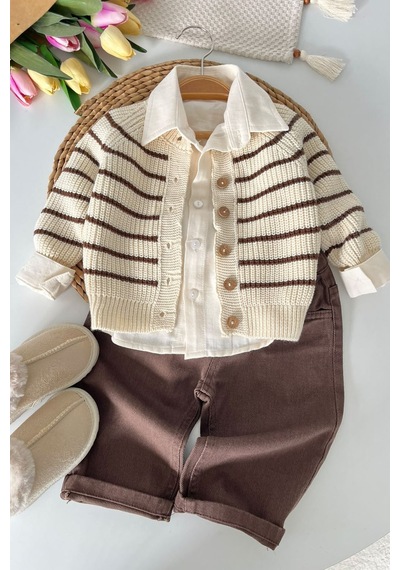 Minigimin Cicileri Çizgili Triko Hırkalı Erkek Bebek 3 Lü Spor Takım - Bej