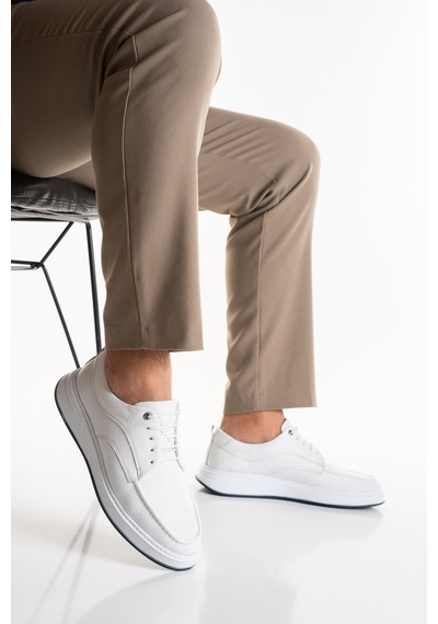 Fame Step Erkek Hakiki Deri Günlük Ayakkabı Modern Casual Kalın Taban Bağcıklı Bologna Beyaz