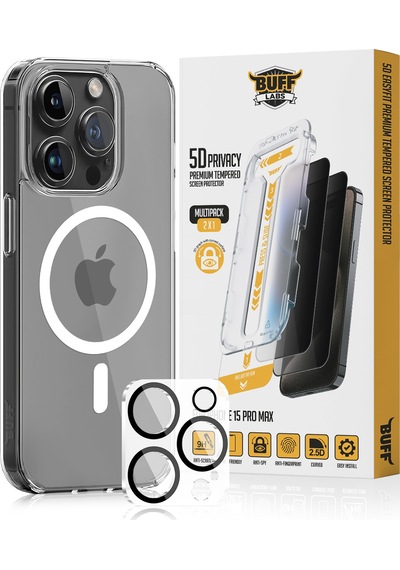 Buff Apple Uyumlu iPhone 15 Pro Max - MagSafe Kılıf + Ekran Koruyucu + Lens Koruyucu Privacy
