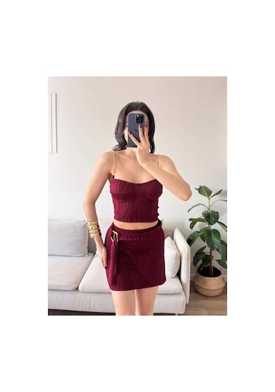 Evoa Kadın Bordo Zincir Askılı Toka Detaylı Bluz & Etek Takım Bordo Bordo