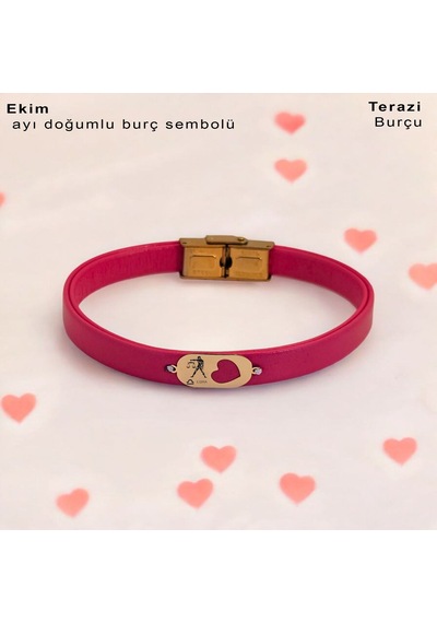 Terazi Burçlarına Doğal Pembe Derili 14 Ayar Altın Plakalı Kalp Motifli Hediye Bileklik-377burç Terazi Terazi Burçlarına Doğal Pembe Derili 14 Ayar Altın Plakalı Kalp Motifli Hediye Bileklik-377burç Terazi