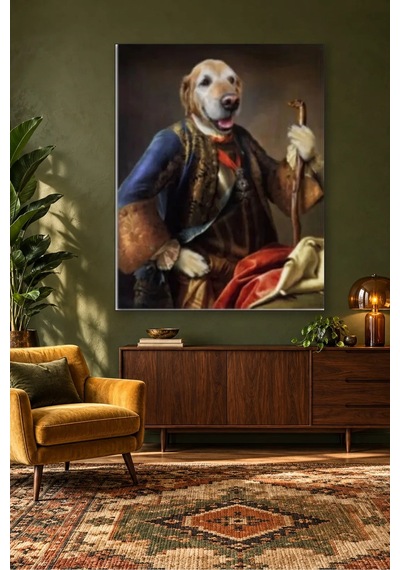 Fida Barok Kıyafetli Bastonlu Golden Retriever Canvas Tablo Çok Renkli