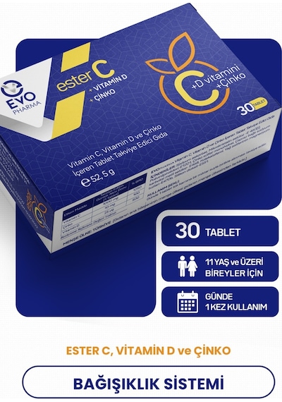 Evo Pharma Ester C - D Vitamini ve Çinko İçeren Takviye Edici Gıda 30 Tablet