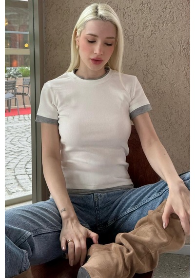 Beyaz Bisiklet Yaka Çift Renkli Basic Tişört Mg2682 Beyaz