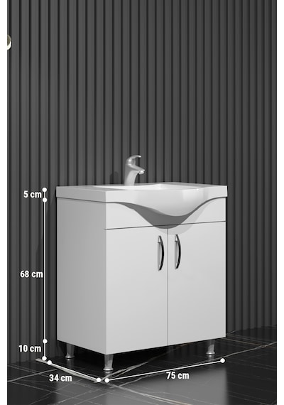 Yıldız 75 Cm Beyaz Mdf Lavabolu Ayaklı Kulplu Banyo Alt Dolabı Beyaz