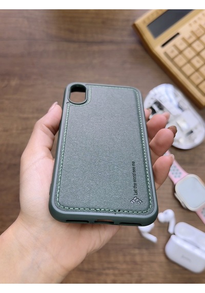 Apple iPhone X Uyumlu Premium Deri Dokulu Darbelere Karşı Dayanıklı Nazal Silikon Kılıf Haki