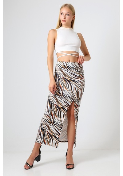 Gugus Kadın Derin Yırtmaçlı Dijital Baskılı Etek Maxi Boy 92 Cm Renkli Zebra