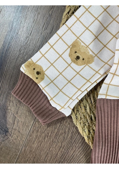 Bebicix Kaşkorse Esnek Papyonlu Ayıcık Figürlü Patikli Çıtçıtlı Erkek Bebek Tulum Kahverengi