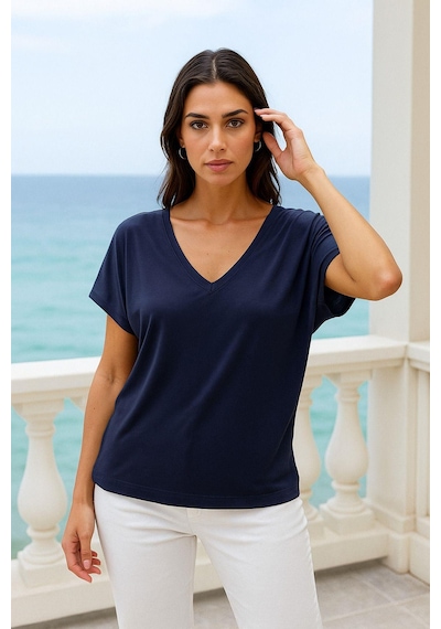 Kadın Koyu Lacivert Viskon Ön Arka V Yakalı T-shirt Yarasa Kol Relaxed Bluz Çok Renkli