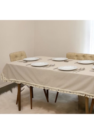 Dnc Home Tekstil  Bej Pamuk Keten Ponponlu Masa Örtüsü Bej