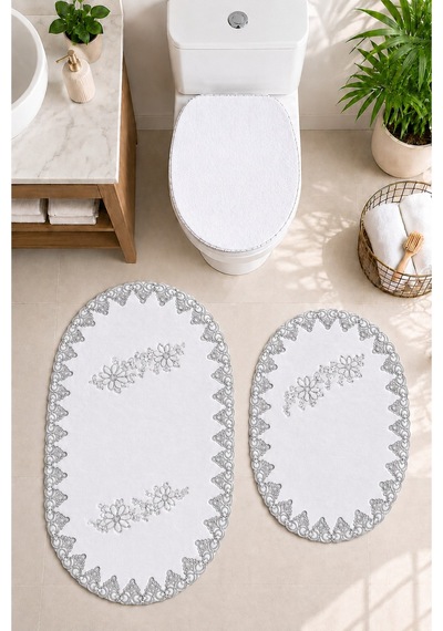 3lü Set Gümüş Fransız Dantelli Lüks Banyo Paspası Kaymaz Tabanlı Çeyizlik Hediyelik Banyo Paspas Set Mürdüm