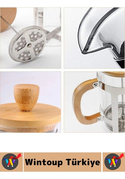 Premium Isıya Dayanıklı Kahve Demleme Bitki Çayı Ahşap Kapak Sap Detaylı Cam French Press 600 Ml Çok Renkli