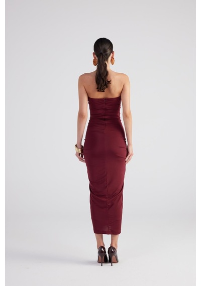 Holly Lolly Büzgü Detaylı Straplez Yırtmaçlı Hailey Elbise Bordo