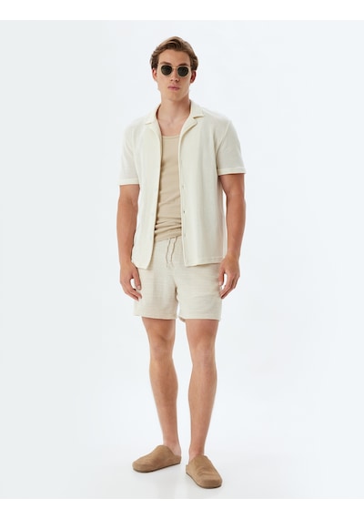 Koton Skinny Fit Şort Kısa Beli Bağcıklı Cep Detaylı Pamuklu Bej Çizgili 4sam40242hw Ekru
