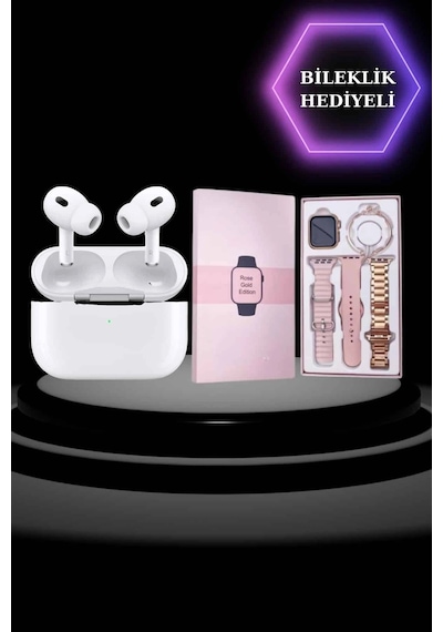 Mey İthalat 3 Kordonlu Pembe Amoled Ekran Akıllı Saat Ve Yeni Nesil Pro Kablosuz Bluetooth Kulaklık Anc/enc