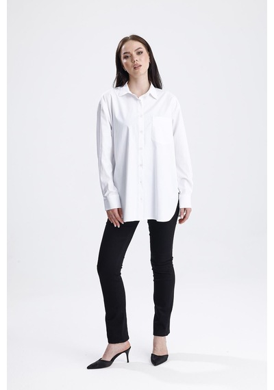 Sweetness Kadın Beyaz Oversize Likralı Pamuklu Cepli Uzun Kol Gömlek Beyaz