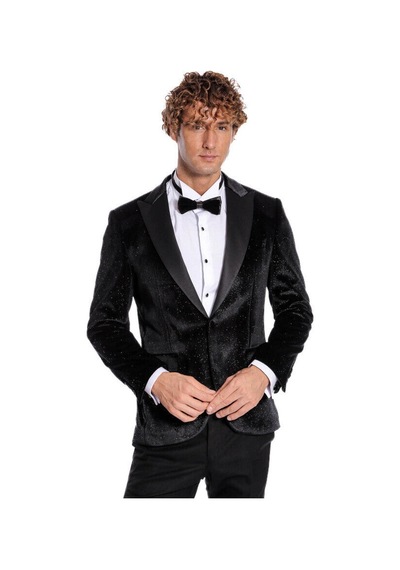Simli Slim Fit Kadife Siyah Erkek Smokin Ceket - Wessi Siyah