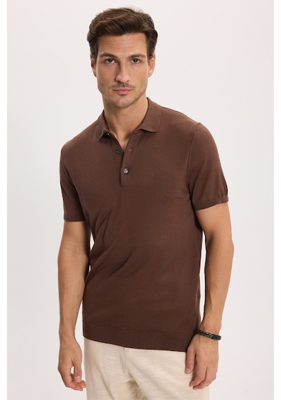 Tudors Erkek Slim Fit Dar Kesim Pamuklu Örme Triko Kahverengi Polo Yaka Tişört-46227