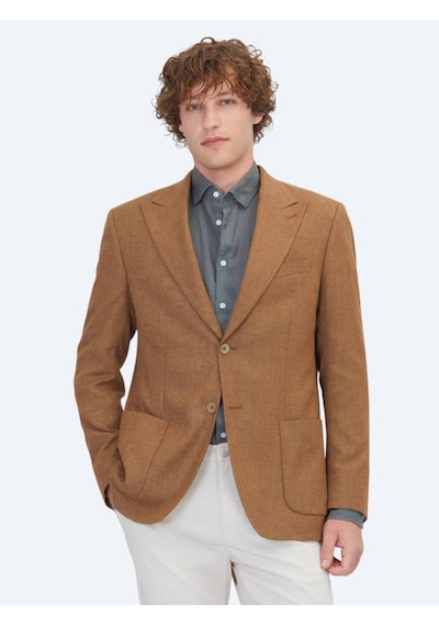 Kip Kahverengi Desenli Modern Fit Keten Karışımlı Ceket
