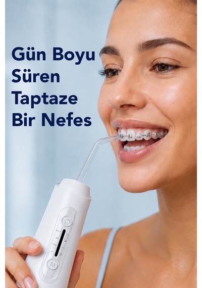 Şarjlı Ağız Duşu - 320ml Su Hazneli 5 Başlık 4 Çalışma Modlu Su Geçirmez Ağız Diş Dil Temizleyici Beyaz