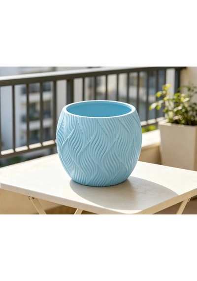 3d Baskı Yapraklı Desenli Yuvarlak Saksı Tepsili Süzdürmeli Bitki Saksısı 15 Cm Dekoratif Çiçek - Mavi Diğer