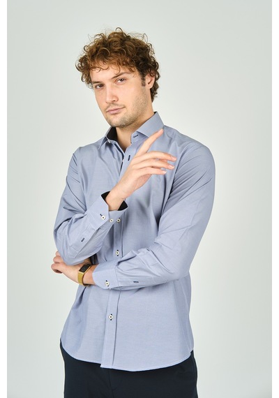 De Leone Erkek Slim Fit Uzun Kollu %100 Pamuk Gömlek 2008 Mavi Mavi
