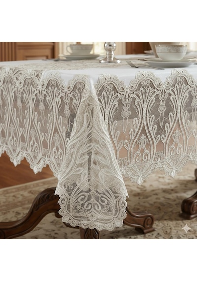 Fınezza1605 - 8690000058822 - Lilyum Dantelli Kadife Krem/bej Masa Örtüsü Dikdörtgen 160x230 Cm - 1605 Çok Renkli