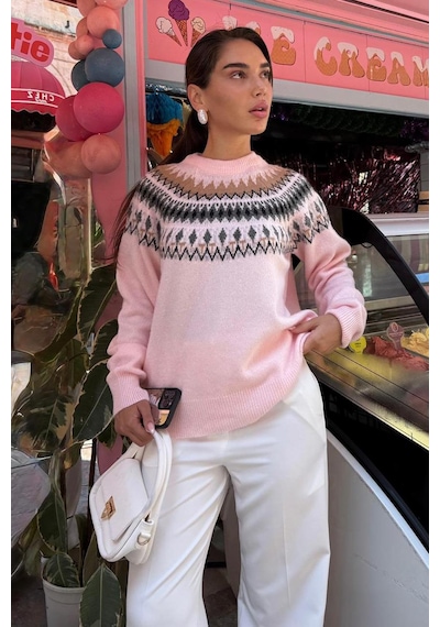 Madmext Pembe Bisiklet Yaka Desenli Kadın Triko Kazak Mg2502 Pembe