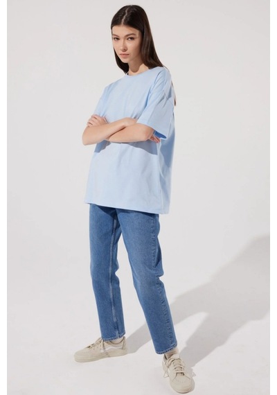 Caxis Unisex Bisiklet Yaka Oversize Gök Mavi T-shirt Basic Gökmavi