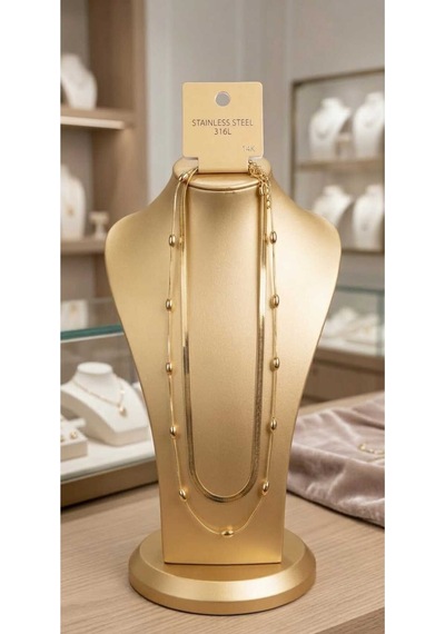 Çelik Gold Çift Sıra Ezme Zincir Ve Top Detaylı Kolye Altın