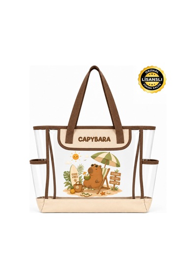 Capybara Lisanslı Figürlü Plaj Çantası Şeffaf Yüzeyli, Geniş Hacimli Bej