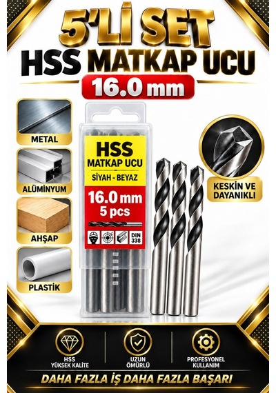 16 Mm Hss Matkap Ucu 5li Set Metal Alüminyum Ahşap Plastik Delme